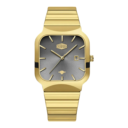A gold-tone stainless steel watch with a square bezel, a textured gray dial, and a matching gold-tone link bracelet, shown against a plain white background.