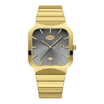 A gold-tone stainless steel watch with a square bezel, a textured gray dial, and a matching gold-tone link bracelet, shown against a plain white background.