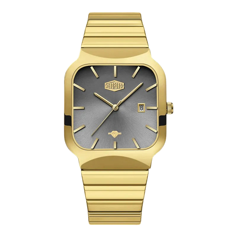 A gold-tone stainless steel watch with a square bezel, a textured gray dial, and a matching gold-tone link bracelet, shown against a plain white background.
