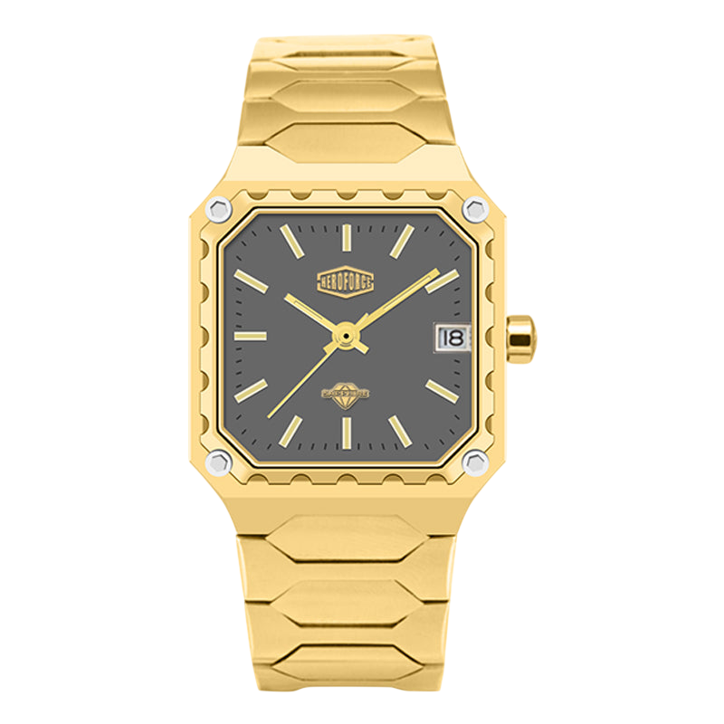 A gold-tone stainless steel watch with a textured, angular square bezel, a dark gray dial, and a matching gold-tone link bracelet, shown against a plain white background.