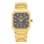 A gold-tone stainless steel watch with a textured, angular square bezel, a dark gray dial, and a matching gold-tone link bracelet, shown against a plain white background.
