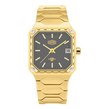 A gold-tone stainless steel watch with a textured, angular square bezel, a dark gray dial, and a matching gold-tone link bracelet, shown against a plain white background.