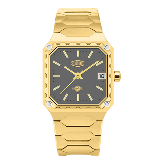 A gold-tone stainless steel watch with a textured, angular square bezel, a dark gray dial, and a matching gold-tone link bracelet, shown against a plain white background.
