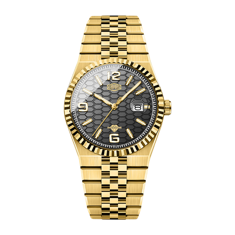 A gold-tone stainless steel watch with a textured black dial, fluted bezel, and matching gold-tone link bracelet, shown against a plain white background.