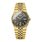 A gold-tone stainless steel watch with a textured black dial, fluted bezel, and matching gold-tone link bracelet, shown against a plain white background.