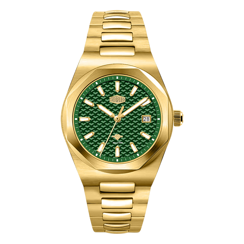 A gold-tone stainless steel watch with a textured green dial and a matching green and gold link bracelet, shown against a plain white background.