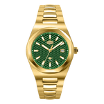 A gold-tone stainless steel watch with a textured green dial and a matching green and gold link bracelet, shown against a plain white background.
