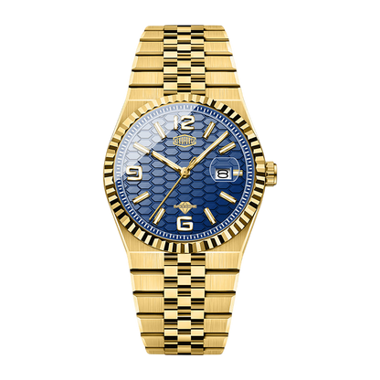 A gold-tone stainless steel watch with a textured blue dial, featuring a fluted bezel, gold-tone hour markers, and a matching gold-tone link bracelet.