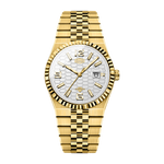 A gold-tone stainless steel watch with a textured white dial, fluted bezel, and matching gold-tone link bracelet, shown against a plain white background.