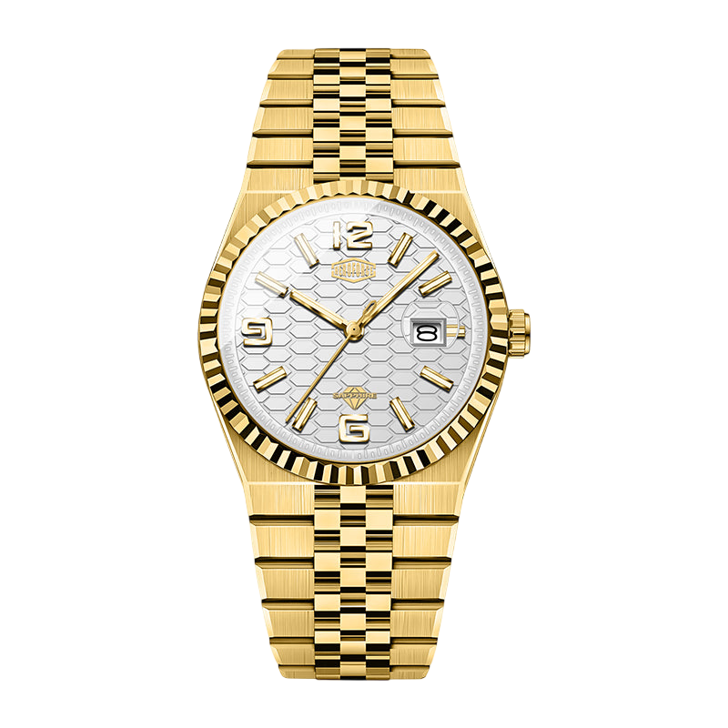 A gold-tone stainless steel watch with a textured white dial, fluted bezel, and matching gold-tone link bracelet, shown against a plain white background.