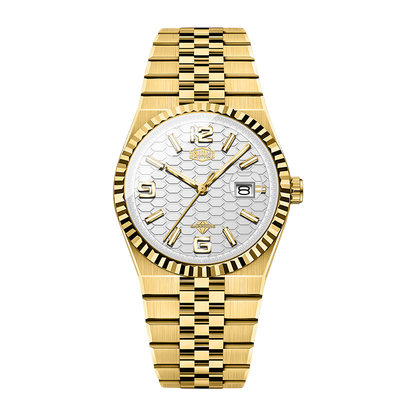 A gold-tone stainless steel watch with a textured white dial, fluted bezel, and matching gold-tone link bracelet, shown against a plain white background.