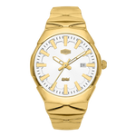 A gold-tone stainless steel watch with a white dial, featuring a date window at the 3 o'clock position and a textured, sculpted link bracelet.