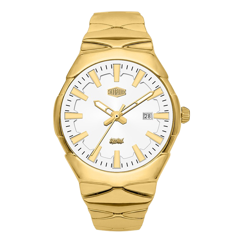 A gold-tone stainless steel watch with a white dial, featuring a date window at the 3 o'clock position and a textured, sculpted link bracelet.