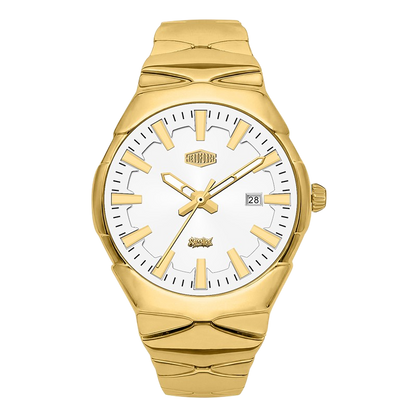 A gold-tone stainless steel watch with a white dial, featuring a date window at the 3 o'clock position and a textured, sculpted link bracelet.
