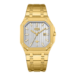 A gold-tone stainless steel watch with an octagonal bezel, a silver striped dial, and a matching gold-tone link bracelet, shown against a plain white background.