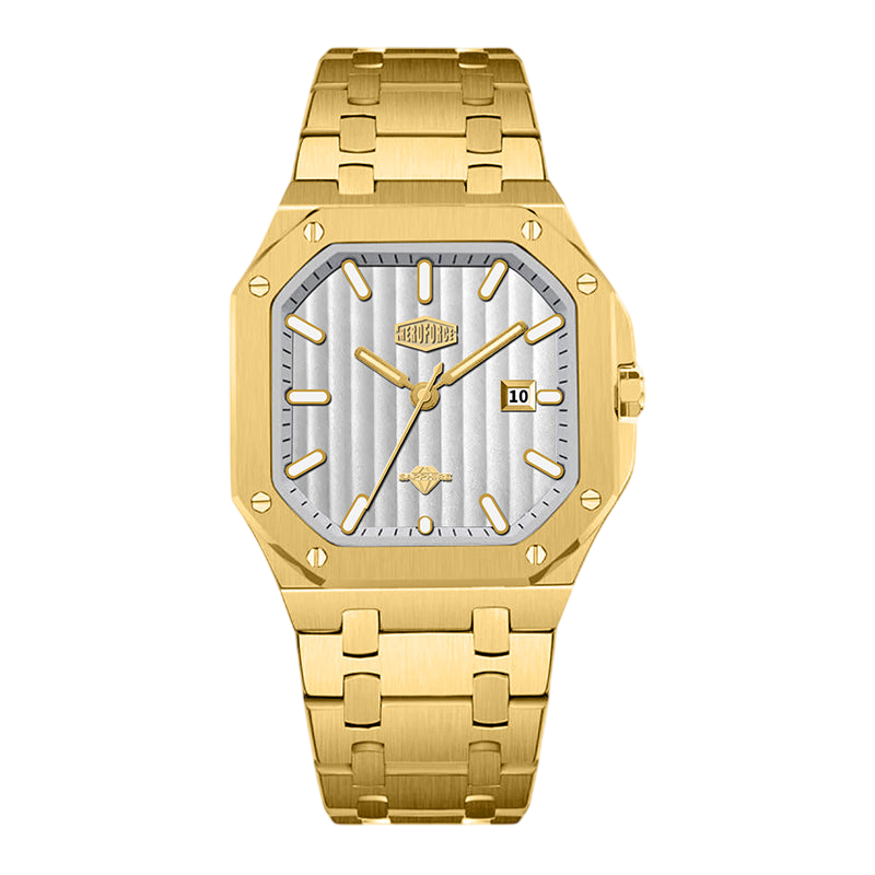 A gold-tone stainless steel watch with an octagonal bezel, a silver striped dial, and a matching gold-tone link bracelet, shown against a plain white background.