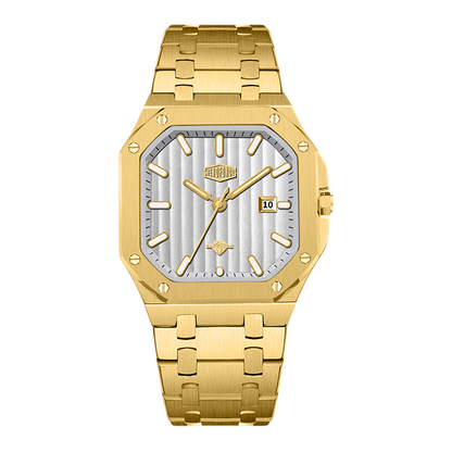 A gold-tone stainless steel watch with an octagonal bezel, a silver striped dial, and a matching gold-tone link bracelet, shown against a plain white background.