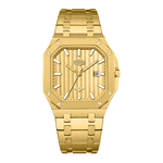 A gold-tone stainless steel watch with an octagonal bezel, a textured dial, and a matching gold-tone link bracelet, shown against a plain white background.