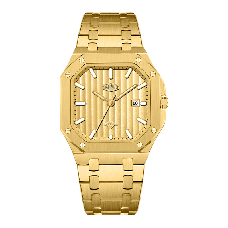 A gold-tone stainless steel watch with an octagonal bezel, a textured dial, and a matching gold-tone link bracelet, shown against a plain white background.