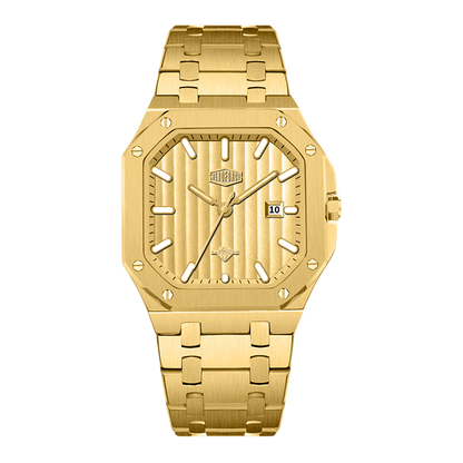 A gold-tone stainless steel watch with an octagonal bezel, a textured dial, and a matching gold-tone link bracelet, shown against a plain white background.