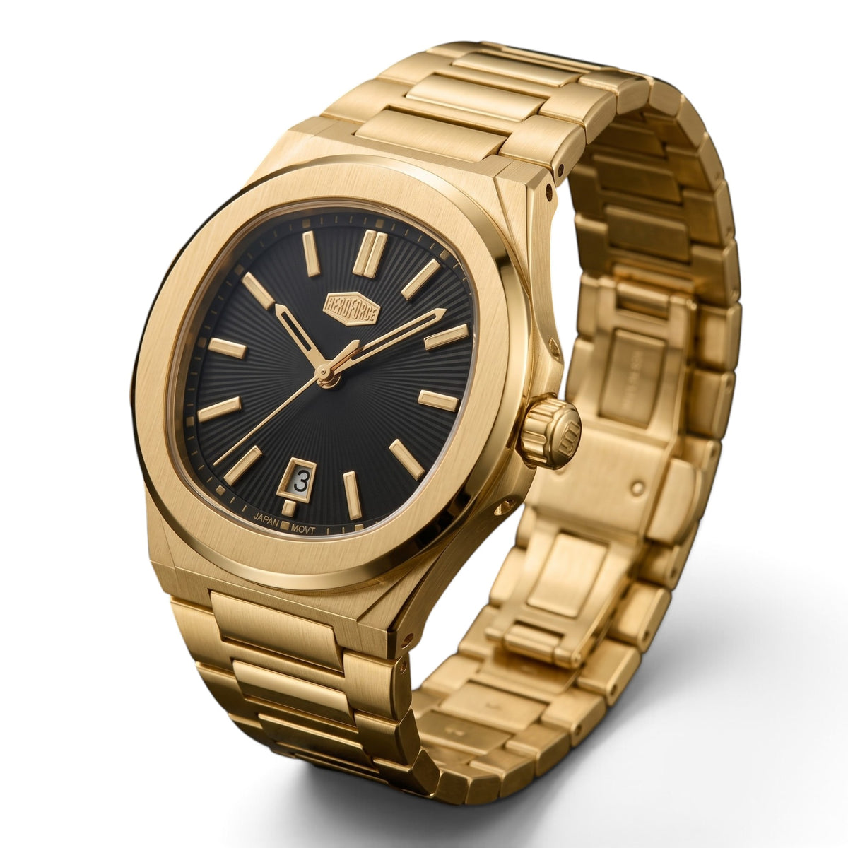 A gold-tone stainless steel watch with an octagonal bezel, black dial, and matching gold-tone link bracelet, shown on a clean white background.