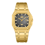 A gold-tone stainless steel watch with an octagonal bezel, matching gold-tone link bracelet, and a dark gray vertically striped dial.
