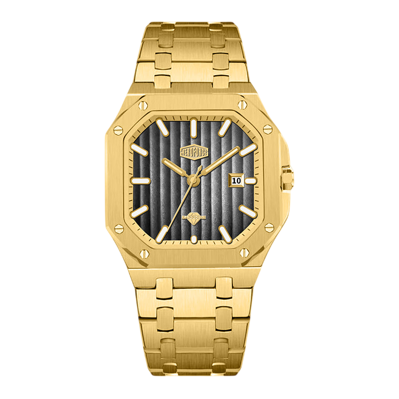 A gold-tone stainless steel watch with an octagonal bezel, matching gold-tone link bracelet, and a dark gray vertically striped dial.