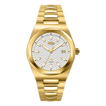 A gold-tone stainless steel wrist watch with an octagonal bezel, a textured white dial, and a matching gold-tone link bracelet, shown against a plain white background.