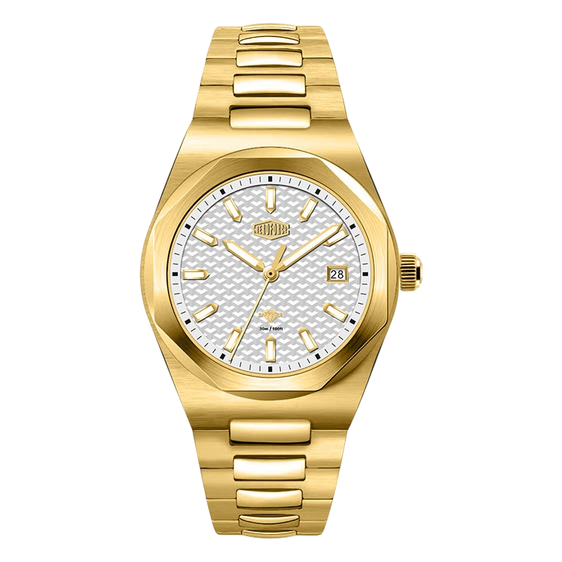 A gold-tone stainless steel wrist watch with an octagonal bezel, a textured white dial, and a matching gold-tone link bracelet, shown against a plain white background.