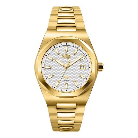 A gold-tone stainless steel wrist watch with an octagonal bezel, a textured white dial, and a matching gold-tone link bracelet, shown against a plain white background.