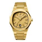 A gold-tone stainless steel wrist watch with a matching gold dial, integrated link bracelet, and a date window at the 3 o'clock position, shown against a plain white background.
