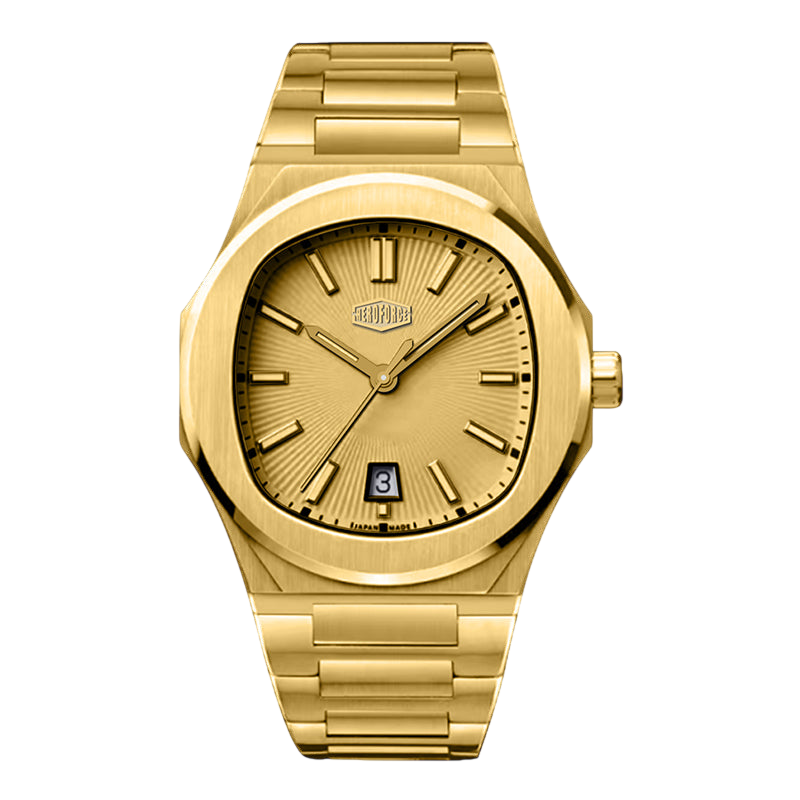 A gold-tone stainless steel wrist watch with a matching gold dial, integrated link bracelet, and a date window at the 3 o'clock position, shown against a plain white background.