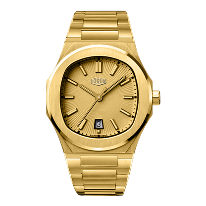 A gold-tone stainless steel wrist watch with a matching gold dial, integrated link bracelet, and a date window at the 3 o'clock position, shown against a plain white background.