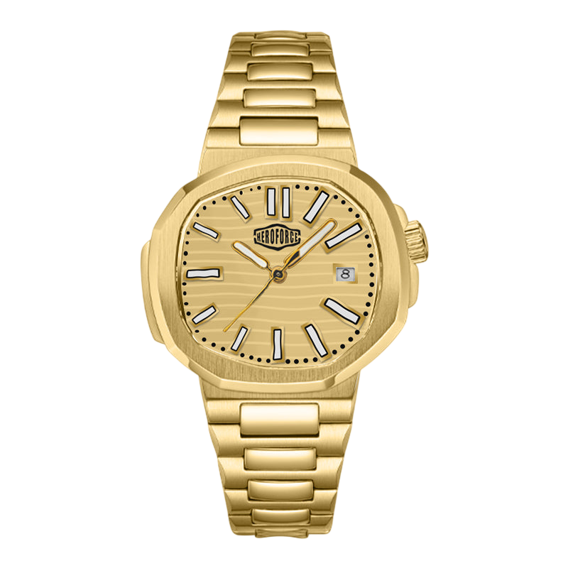 A gold-tone stainless steel wrist watch with a matching link bracelet, featuring a textured gold dial, gold-tone hour markers, and a date window at the 3 o'clock position.