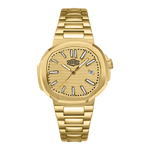 A gold-tone stainless steel wrist watch with a matching link bracelet, featuring a textured gold dial, gold-tone hour markers, and a date window at the 3 o'clock position.