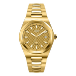 A gold-tone stainless steel wrist watch with a textured dial, matching gold-tone link bracelet, and a date window, shown against a plain white background.
