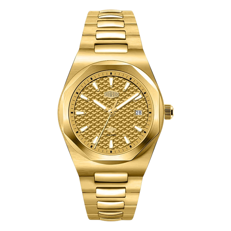 A gold-tone stainless steel wrist watch with a textured dial, matching gold-tone link bracelet, and a date window, shown against a plain white background.