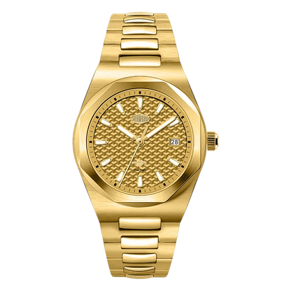A gold-tone stainless steel wrist watch with a textured dial, matching gold-tone link bracelet, and a date window, shown against a plain white background.