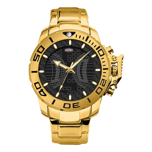 A gold-tone stainless steel wristwatch with a black dial, featuring a rotating bezel with black markings, gold hands, and a matching gold-tone link bracelet.
