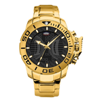 A gold-tone stainless steel wristwatch with a black dial, featuring a rotating bezel with black markings, gold hands, and a matching gold-tone link bracelet.