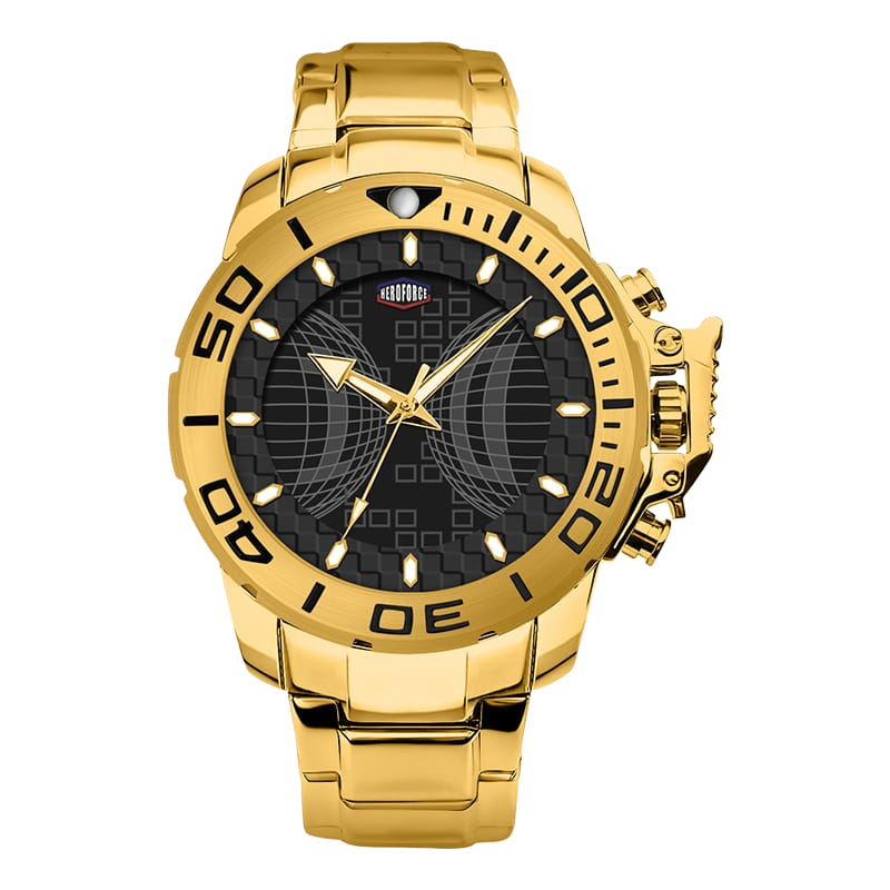 A gold-tone stainless steel wristwatch with a black dial, featuring a rotating bezel with black markings, gold hands, and a matching gold-tone link bracelet.