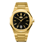 A gold-tone stainless steel wristwatch with a black dial, gold-tone hour markers and hands, and a date window at the 3 o'clock position. The watch is shown against a plain white background.