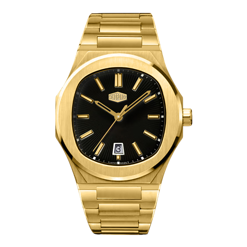 A gold-tone stainless steel wristwatch with a black dial, gold-tone hour markers and hands, and a date window at the 3 o'clock position. The watch is shown against a plain white background.