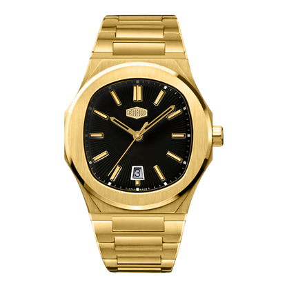 A gold-tone stainless steel wristwatch with a black dial, gold-tone hour markers and hands, and a date window at the 3 o'clock position. The watch is shown against a plain white background.