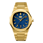 A gold-tone stainless steel wristwatch with a blue sunburst dial, gold-tone hour markers and hands, and a date window at the 3 o'clock position, shown on a plain white background.