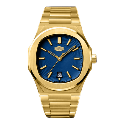 A gold-tone stainless steel wristwatch with a blue sunburst dial, gold-tone hour markers and hands, and a date window at the 3 o'clock position, shown on a plain white background.