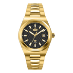 A gold-tone stainless steel wristwatch with a textured black dial, gold-tone hour markers and hands, and a date window at 3 o'clock, shown on a solid white background.