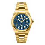 A gold-tone stainless steel wristwatch with a textured blue dial, gold-tone hour markers and hands, and a matching gold-tone link bracelet, shown against a plain white background.