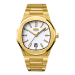 A gold-tone stainless steel wristwatch with a white sunburst dial, gold-tone hour markers and hands, and a date window at the 3 o'clock position. The watch is shown on a solid white background.