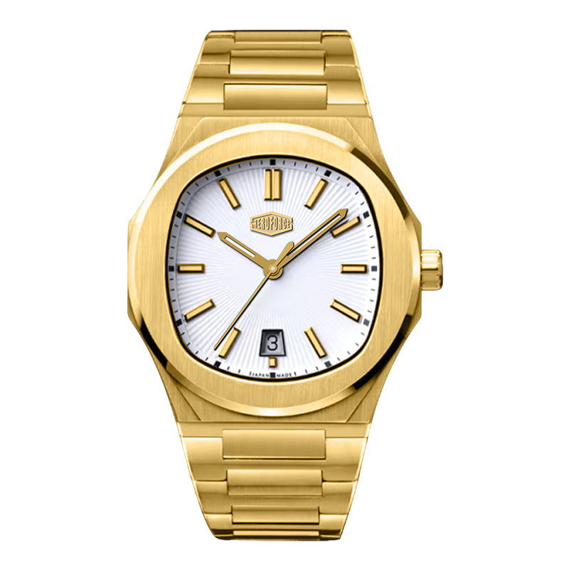 A gold-tone stainless steel wristwatch with a white sunburst dial, gold-tone hour markers and hands, and a date window at the 3 o'clock position. The watch is shown on a solid white background.